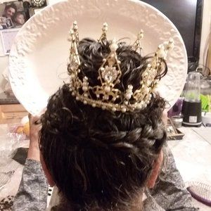 Gold Colored Tiara with Faux Crystals & Pearls
